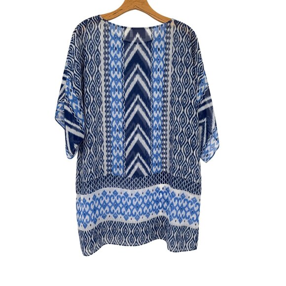 Chicos 2 Womens Ikat Pattern Tunic Top blouse semi sheer Size large Blue & White - Picture 3 of 4